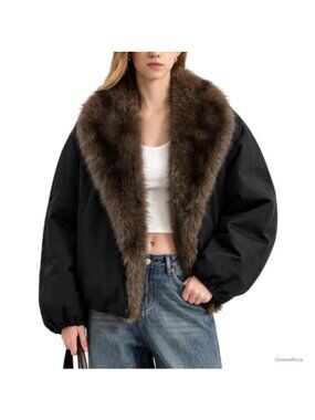 Faux Fur Collar Puffer Jacket Cropped Warm Padded Coat